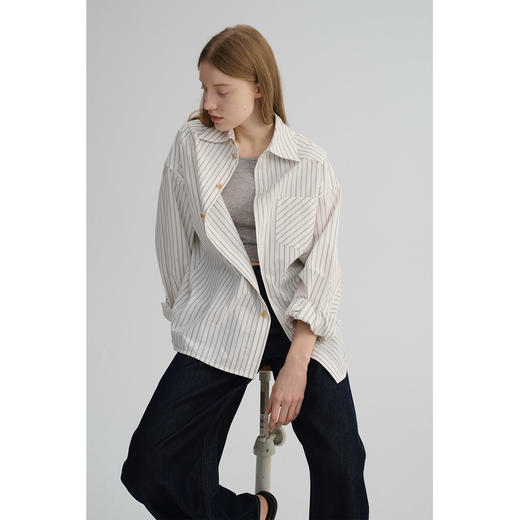 MAISON CECILE 春夏亚麻棉清爽百搭条纹设计感口袋廓形长袖衬衫 商品图0