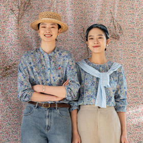 牧衣游原创 80支新疆长绒棉印花衬衫新款通勤文艺蓝色衬衣 游京