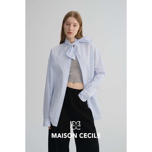 MAISON CECILE 经典条纹美国匹马棉设计感兔耳朵领结宽松长袖衬衫 商品图1