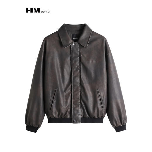 HIM漢崇【商场同款】复古做旧洗褪PU皮夹克潮流痞帅机车翻领棉服 商品图0