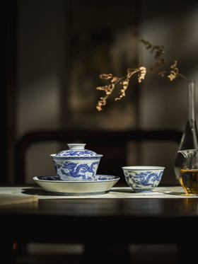 富玉窑  景德镇茶杯龙纹杯中式青花玲珑盖碗主人杯单杯送礼品