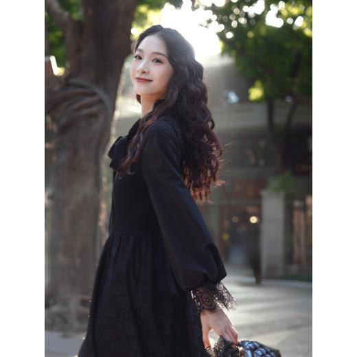 两三事 夜羽叠纱梵高文艺春季新款绣花领带蕾丝拼接灯笼袖连衣裙 商品图1