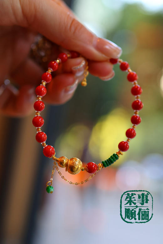 【茱事顺俪】18k黄金沙丁红珊瑚葫芦手链 商品图2
