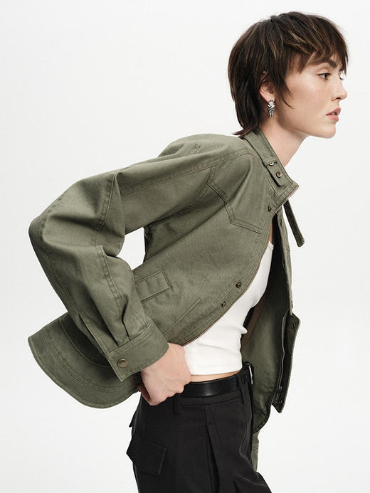 TR她热 街头辣妹 橄榄绿做旧水洗斜纹棉复古收腰机车廓形工装夹克 商品图0