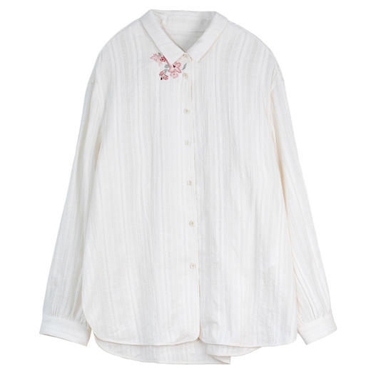 牧衣游原创 条纹纯棉手工刺绣衬衫白色休闲百搭素雅文艺衬衣 西木 商品图4