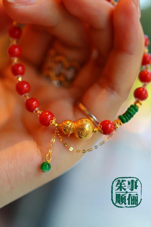 【茱事顺俪】18k黄金沙丁红珊瑚葫芦手链 商品图5