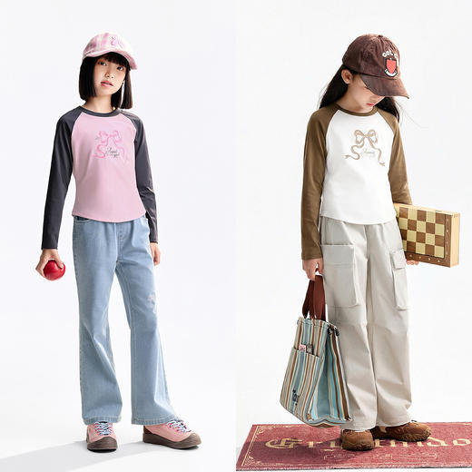 【断码捡漏-全棉甜美T恤】女童插肩袖撞色百搭上衣圆领长袖T恤春季新款安奈儿童装EG611741 商品图3