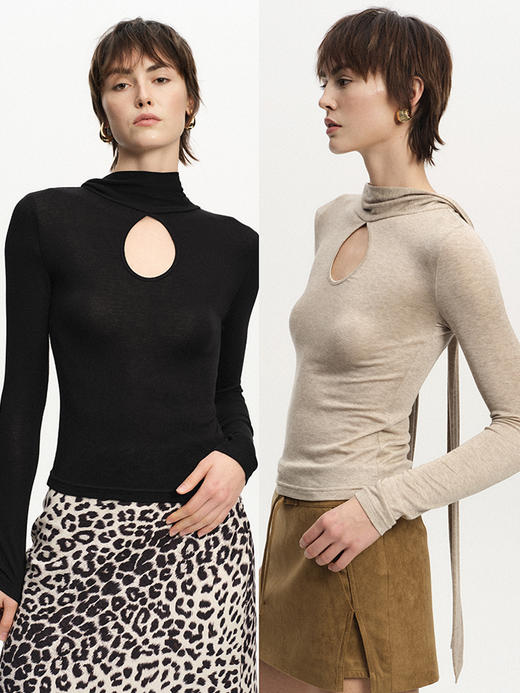 TR她热 随性绽放 黑色燕麦色飘带天丝羊毛复古显瘦镂空打底衫上衣 商品图0