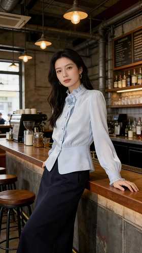 SC1F05 窃蓝色衬衫 荷叶边立领 + 手工花朵、收腰衬衫式外套剪裁、柔光缎面肌理，清冷温婉、端庄知性气质