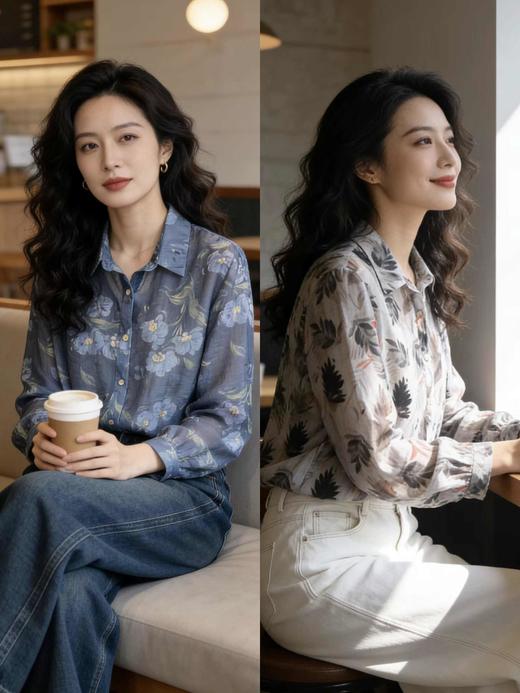 682505/682603春款上新 叠穿天丝印花衬衫 商品图0