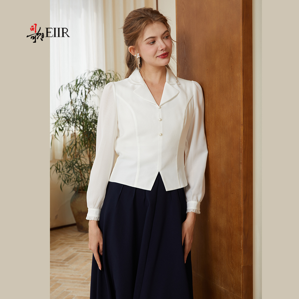 司歌翻领套头收腰长袖上衣衬衫T921245X