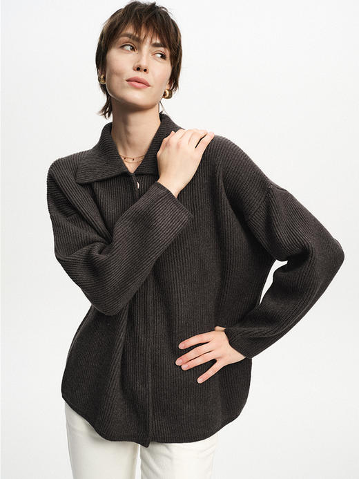 TR她热 复古唱片 深灰色翻领螺纹针织羊毛慵懒保暖宽松开衫外套 商品图4