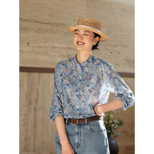 牧衣游原创 80支新疆长绒棉印花衬衫新款通勤文艺蓝色衬衣 游京 商品图1