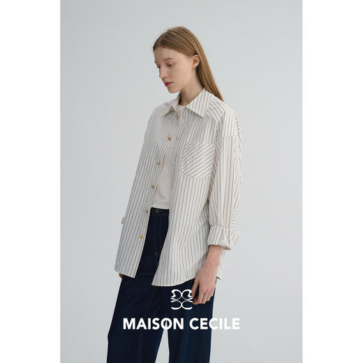 MAISON CECILE 春夏亚麻棉清爽百搭条纹设计感口袋廓形长袖衬衫 商品图2