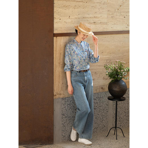 牧衣游原创 80支新疆长绒棉印花衬衫新款通勤文艺蓝色衬衣 游京 商品图3