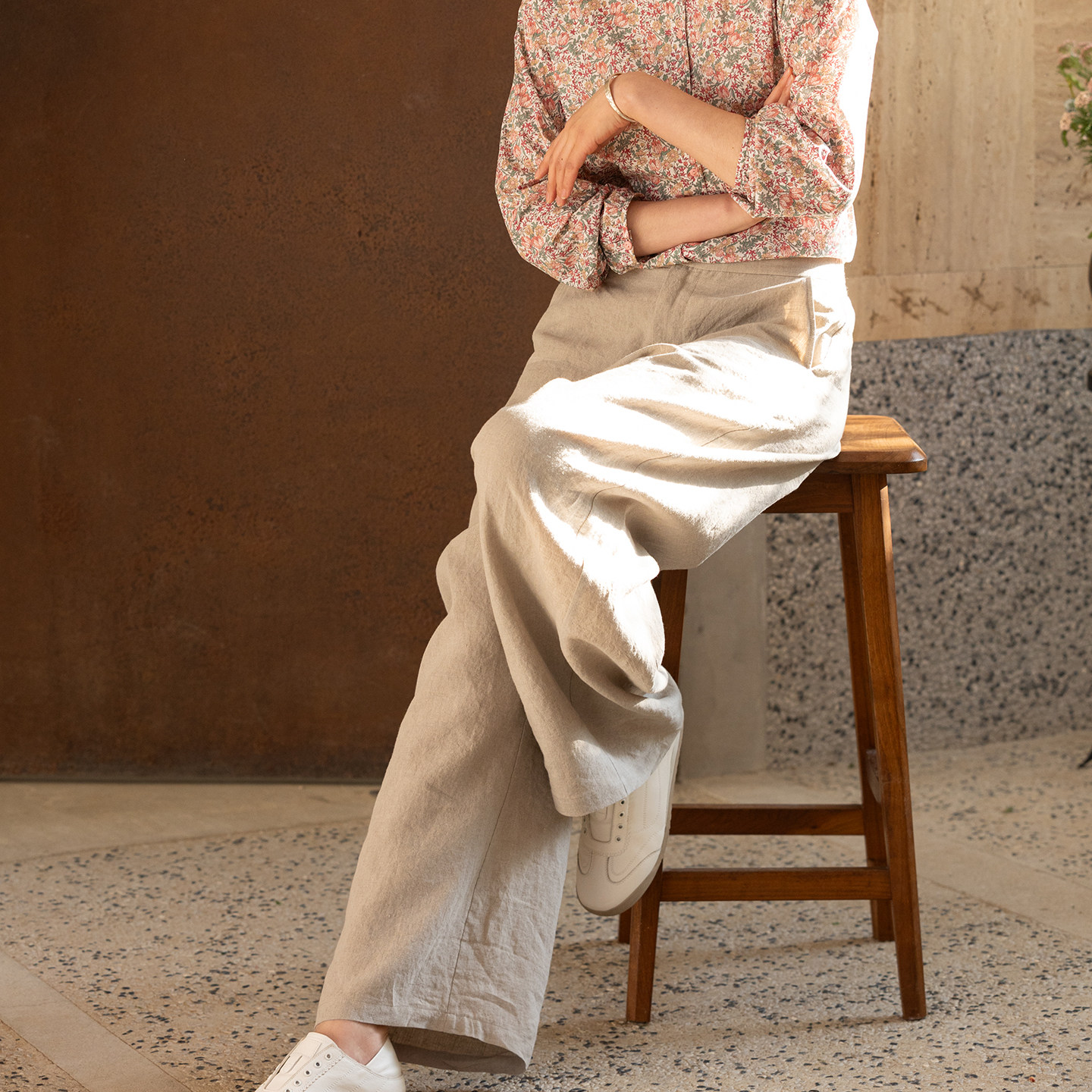 牧衣游原创 进口亚麻休闲长裤新款通勤禅意古朴宽松阔腿裤 花信风