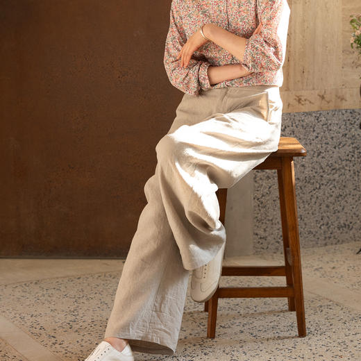 牧衣游原创 进口亚麻休闲长裤新款通勤禅意古朴宽松阔腿裤 花信风 商品图0