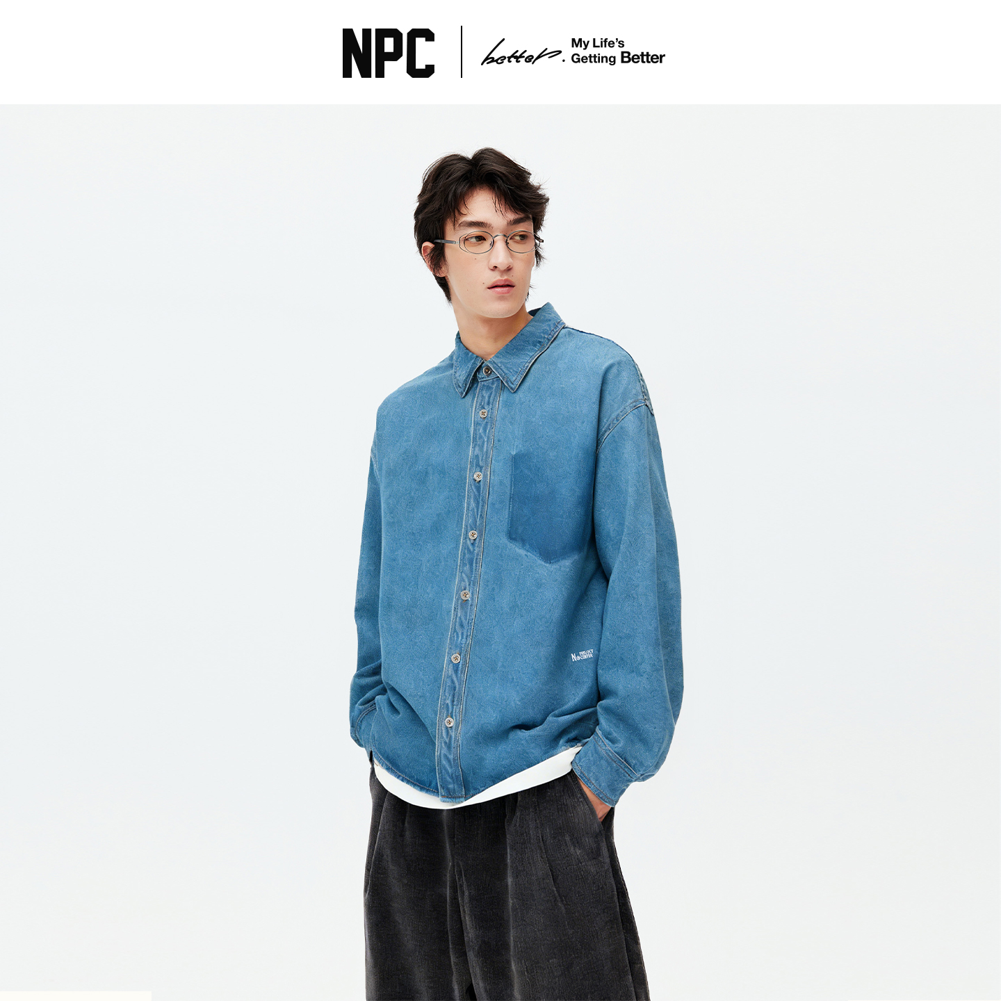 NPC潮牌100%棉做旧复古牛仔衬衫秋渐变装饰口袋炒盐工艺NP5CDC25