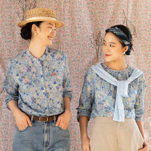 牧衣游原创 80支纯棉印花衬衫新款蓝色百搭宽松碎花文艺小衫 禾辛 商品图0