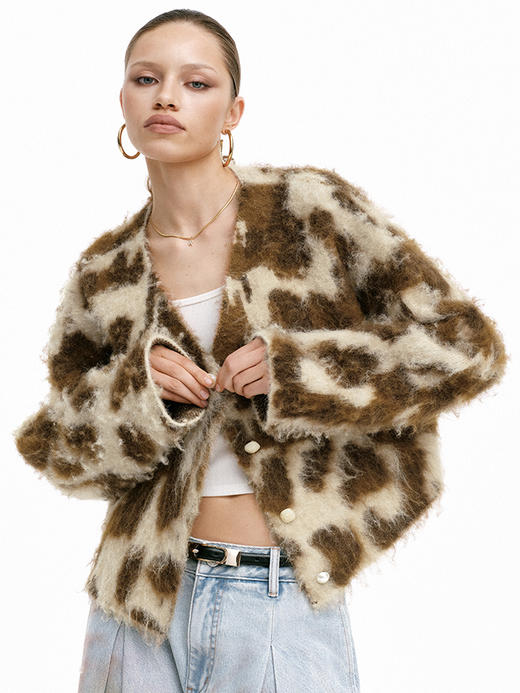 TR她热 焦糖奶咖 棕黄色豹纹羊驼拉毛针织复古保暖宽松开衫外搭 商品图1