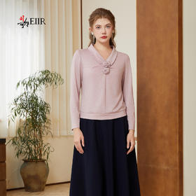 司歌弹力v领扭盘花长袖春秋上衣T921225X