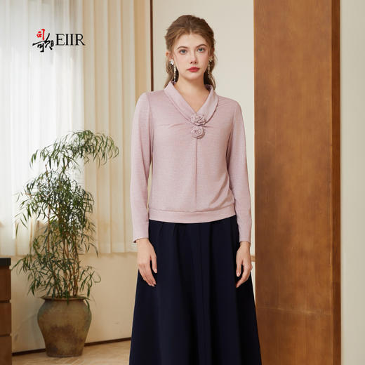 司歌弹力v领扭盘花长袖春秋上衣T921225X 商品图0