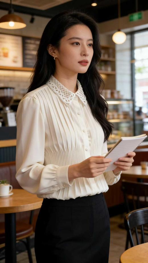 SC1F03 米白色衬衫 精致刺绣蕾丝领、全身压褶工艺、收腰显瘦版型，全身采用精密细褶压皱工艺，久穿不易变形，端庄优雅中式气质。 商品图0