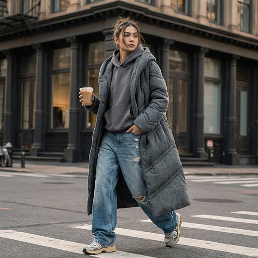 NANSONGSILK/NS设计感斜格连帽长款鹅绒服外套547045南宋 商品图1