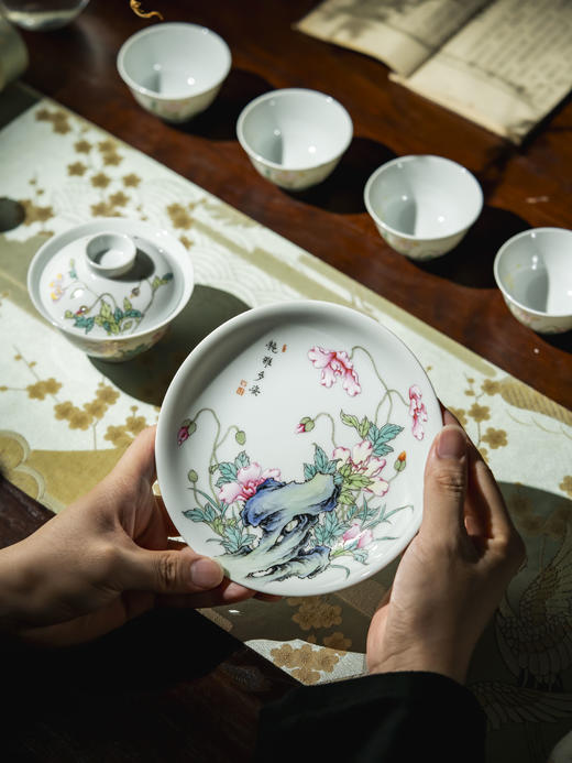 富玉窑  虞美人陶瓷景德镇粉彩玲珑盖碗茶杯 商品图2