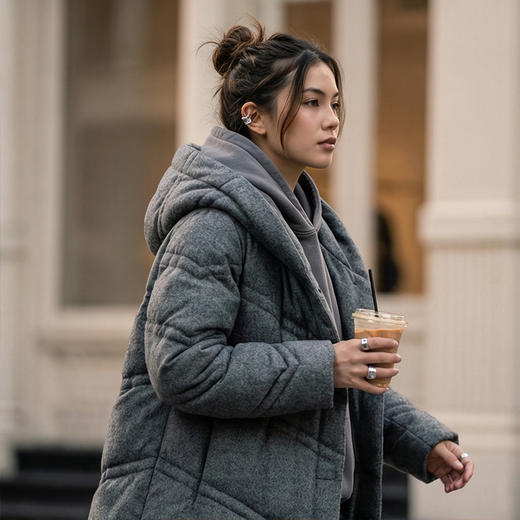 NANSONGSILK/NS设计感斜格连帽长款鹅绒服外套547045南宋 商品图2