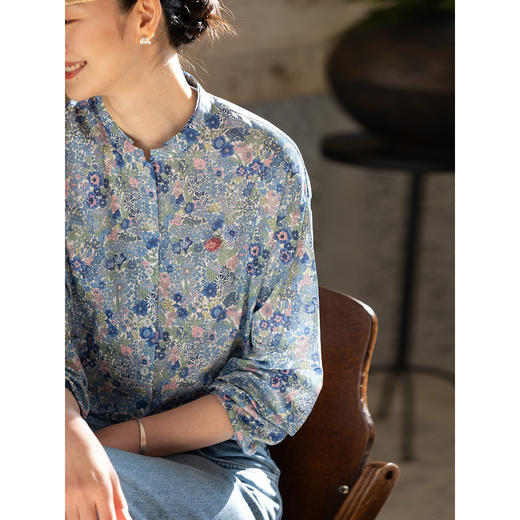 牧衣游原创 80支新疆长绒棉印花衬衫新款通勤文艺蓝色衬衣 游京 商品图2