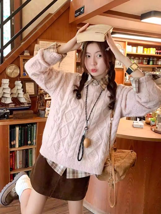 <曾小咸推荐>2.4现货秒杀 ！微信超特价！韩系复古格子衬衫 日常179.99 立减90 秒杀89.99！！粉色麻花毛衣  秒杀89.99！！ 商品图13