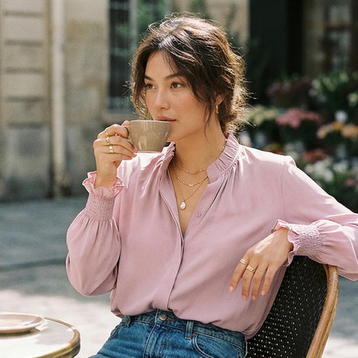 NANSONGSILK/NS新中式【如棠】品牌新款桑蚕丝木耳边立领长袖直筒宽松衬衫M1A516239Y南宋 商品图5