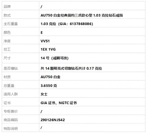 AU750白金经典简约三爪款心型1.03克拉钻石戒指14号（戒圈可改）290126NJS42 商品图10
