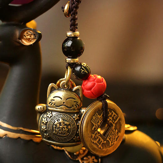 【祈愿吉品】發財令招手猫钥匙扣黄铜五帝钱钥匙挂件包包挂饰 商品图1