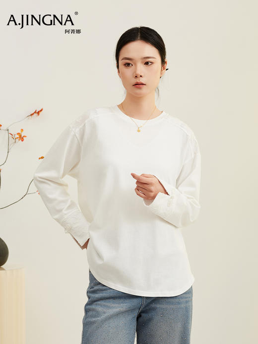 【宽松落肩款】阿菁娜春季新款设计感白T宽松落肩款蕾丝袖口诠释刚柔并济可内搭可单穿F31C301008 商品图3