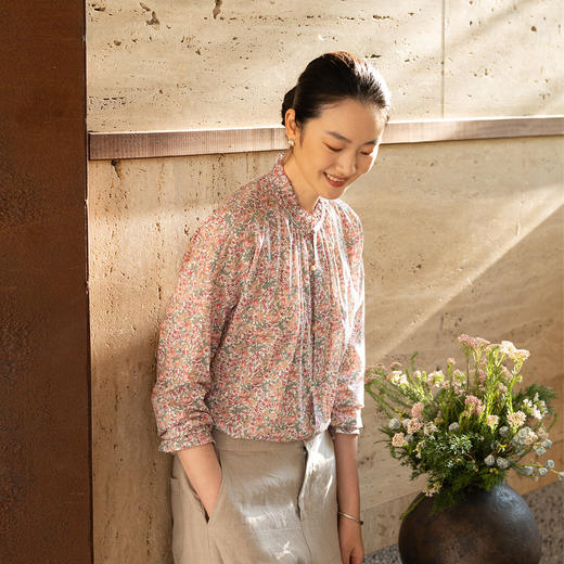 牧衣游原创进口Liberty印花棉衬衫春季新款粉色碎花气质小衫 植愈 商品图0
