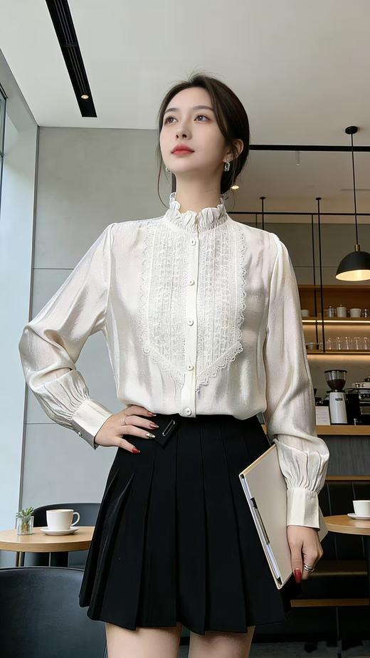 SC1F02_凝脂色_衬衫_春秋_立领木耳边蕾丝拼接缎面长袖_高级女装_BERNIEELEN 伯妮斯茵 商品图0