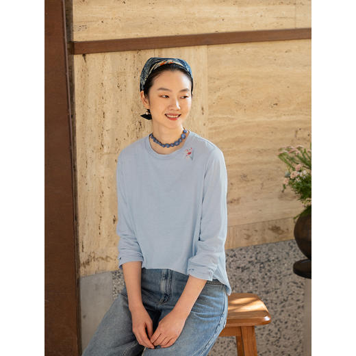 牧衣游原创 32支手工刺绣纯棉T恤春季新款百搭圆领长袖上衣 初禾 商品图3