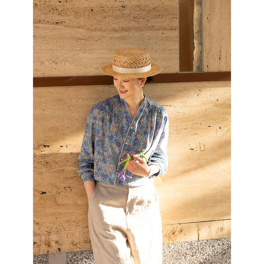 牧衣游原创 80支新疆长绒棉印花衬衫蓝色文艺减龄百搭开衫 梧桐 商品图2