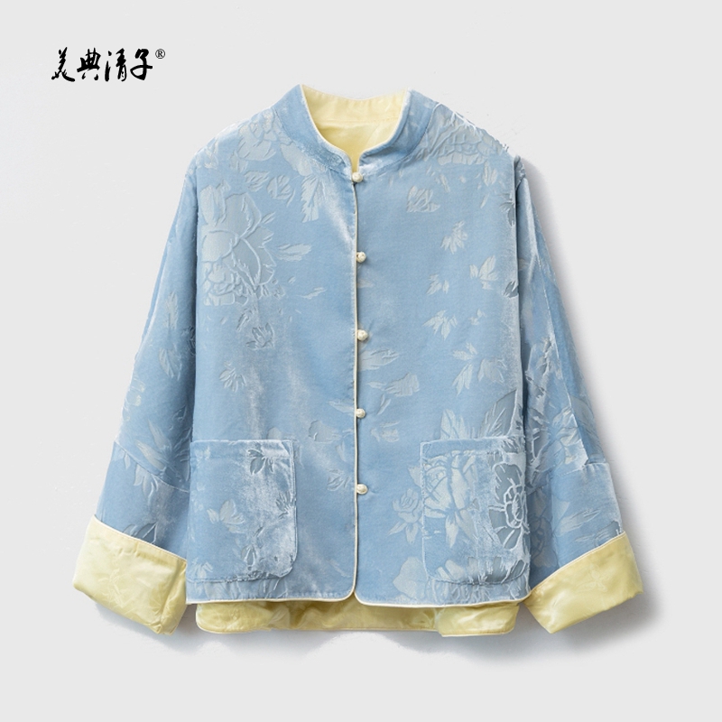 2026春装新中式双面穿真丝提花立领长袖单排盘扣外套