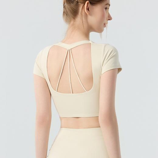 新款带胸垫v领瑜伽短袖女 外穿裸感收腹美背普拉提训练健身上衣瑜伽服BMMZ443 商品图2