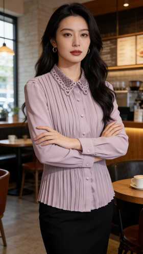 SC1F03 紫色衬衫 精致刺绣蕾丝领、全身压褶工艺、收腰显瘦版型，全身采用精密细褶压皱工艺，久穿不易变形，端庄优雅中式气质。