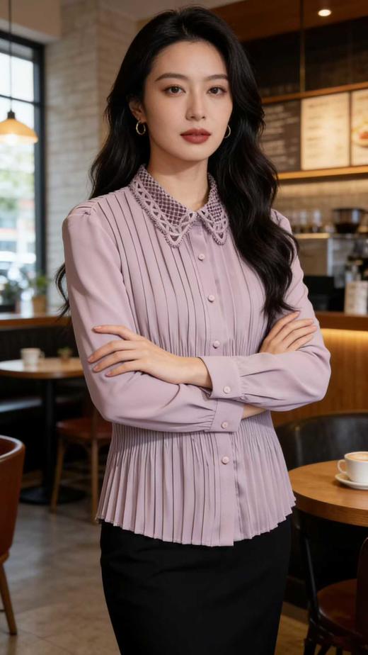 SC1F03 紫色衬衫 精致刺绣蕾丝领、全身压褶工艺、收腰显瘦版型，全身采用精密细褶压皱工艺，久穿不易变形，端庄优雅中式气质。 商品图0