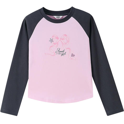 【断码捡漏-全棉甜美T恤】女童插肩袖撞色百搭上衣圆领长袖T恤春季新款安奈儿童装EG611741 商品图6