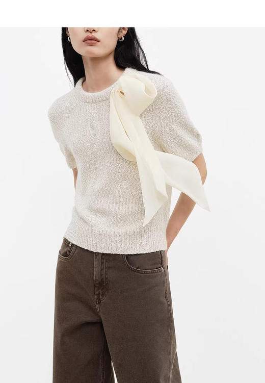 MO*同款轻绉蝴蝶结装饰粗粝竹节纱肌理短袖针织 商品图4