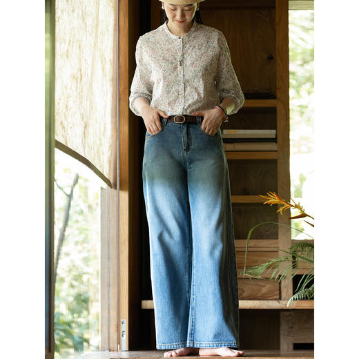 牧衣游原创 手工刺绣净色牛仔裤新款宽松经典复古百搭阔腿裤 怀远 商品图1