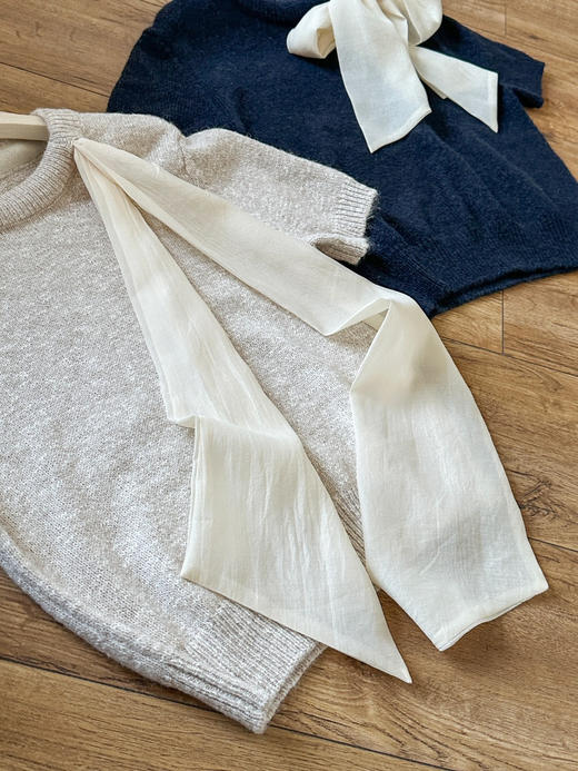 MO*同款轻绉蝴蝶结装饰粗粝竹节纱肌理短袖针织 商品图14