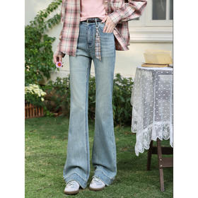 鹿向南「柔蓝春曳」洗水蓝微喇毛边牛仔裤女春季垂感显瘦直筒长裤