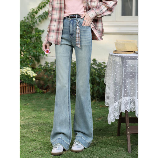 鹿向南「柔蓝春曳」洗水蓝微喇毛边牛仔裤女春季垂感显瘦直筒长裤 商品图0